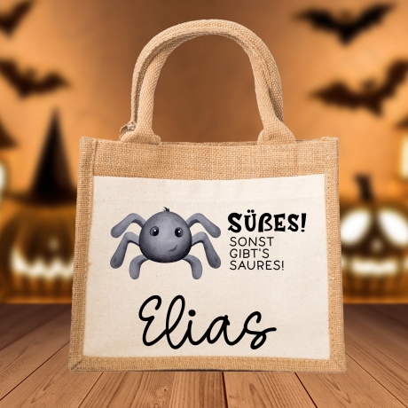 Halloween Tasche mit Namen - Wunschnamen aus Jute - Fledermaus Geist Spinne - Süßes oder Saures - Personalisiert - Für Kinder ab 2 Jahre