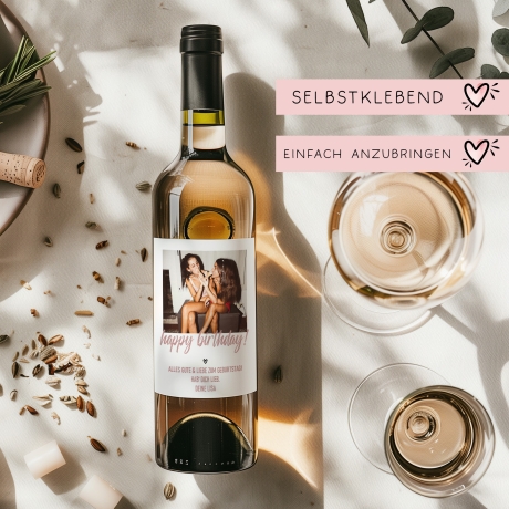 Personalisiertes Weinetikett Happy Birthday, Geburtstags-Flaschenetikett mit Foto & Namen,  ideales Geschenk mit Foto - rosa