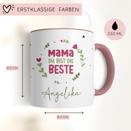Personalisierte Muttertag Kaffee Tasse Mama du bist die Beste [Wunschname] – Geschenk für Geburtstag, Dankeschön und Weihnachten - Rosa