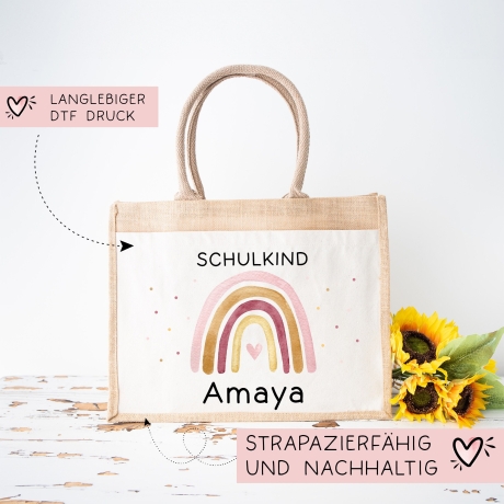 Personalisierte Einschulung Jute Pocket Tasche | mit Wunschnamen | Schulkind Regenbogen Herz als Geschenktasche für Schulanfang - 1 Schultag