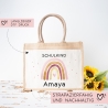 Personalisierte Einschulung Jute Pocket Tasche | mit Wunschnamen | Schulkind Regenbogen Herz als Geschenktasche für Schulanfang - 1 Schultag