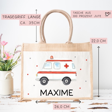 RTW Krankenwagen Tasche Wunschnamen | aus 100% Jute | Rettungsfahrzeug | Geschenk Geschenk zum Geburtstag, Nikolaus, Weihnachten oder Ostern