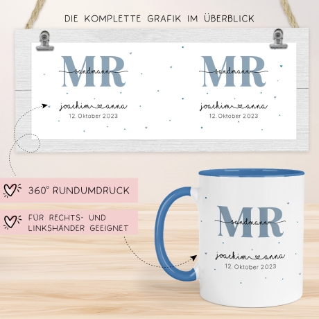 Mr & Mrs Tasse Hochzeit personalisiert mit Wunschnamen und Datum – Namenstasse Hochzeitsgeschenk - Braut Bräutigam – Kaffeetasse - 330 ml