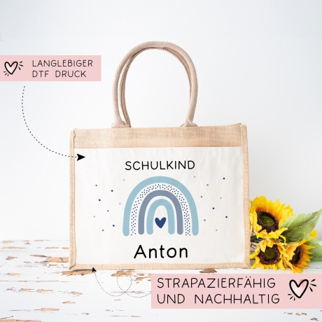 Einschulung - Personalisierte Jute Pocket Tasche | mit Wunschnamen | Schulkind Regenbogen Herz | Blau | als Geschenktasche für Schulanfang