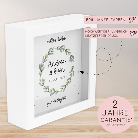 Spardose Hochzeit personalisiert Datum & Name Brautpaar Bräutigam Braut Geldgeschenk Sparschwein Hochzeitsgeschenk Geld - Holz Blumenkranz