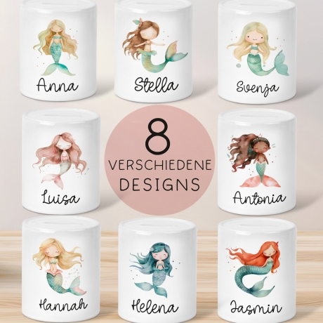 Spardose Meerjungfrau Personalisiert mit Name oder Wunschnamen für Mädchen aus Keramik. Geschenk Taufe, Geburtstag od. Weihnachten Sparbox