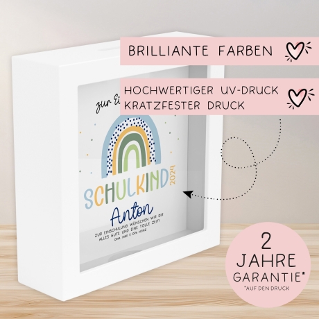 Spardose Regenbogen Blau Boho Schulkind 2024 Einschulung mit Wunschname Name Kind personalisiert Kinder mit optionalen Wunschtext