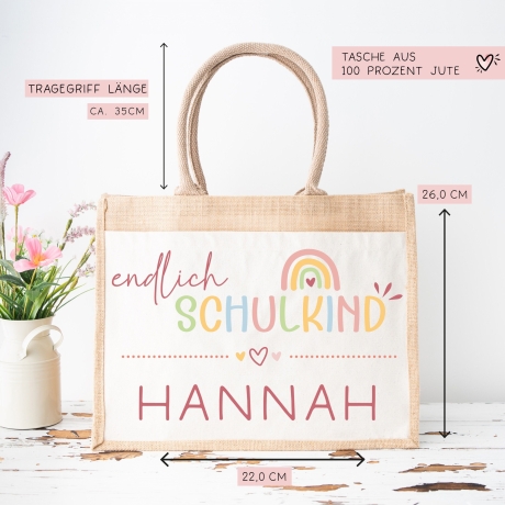 Endlich Schulkind Tasche 2024 personalisiert mit Namen Schultasche, Geschenk Einschulung, personalisierte Jutetasche, Einschulungsgeschenk
