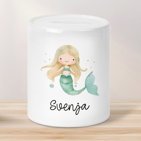 Spardose Meerjungfrau Personalisiert mit Name oder Wunschnamen für Mädchen aus Keramik. Geschenk Taufe, Geburtstag od. Weihnachten Sparbox