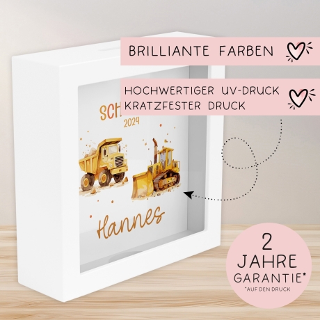 Schulkind 2024 LKW & Kipper Spardose mit Wunschname Fee Name Kind personalisiert Kinder Geburtstagsgeschenk Einschulung mit Wunschtext