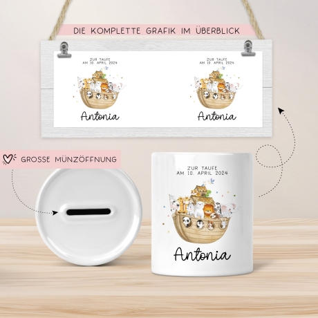 Arche Noah Spardose mit Name Taufgeschenk Spardose Kind Geldgeschenk Taufe Geschenke Babygeschenke Baby personalisiert Geburt Geschenke