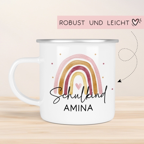 Schulanfang Schulkind Emaille Tasse Becher | Personalisiert mit Wunschnamen | Kindertasse zur Einschulung | Regenbogen Rosa Geschenk