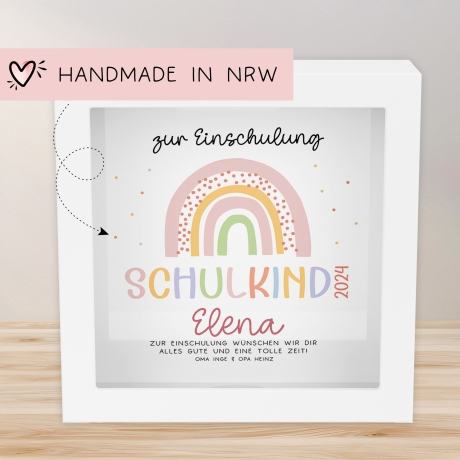 Spardose Regenbogen Rosa Boho Schulkind 2024 Einschulung mit Wunschname Name Kind personalisiert Kinder mit optionalen Wunschtext