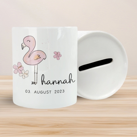 Personalisierte Spardose Flamingo Tier Design -mit Namen personalisiert -Geschenk für Jungen & Mädchen zum Geburtstag -Für Kinder zum sparen