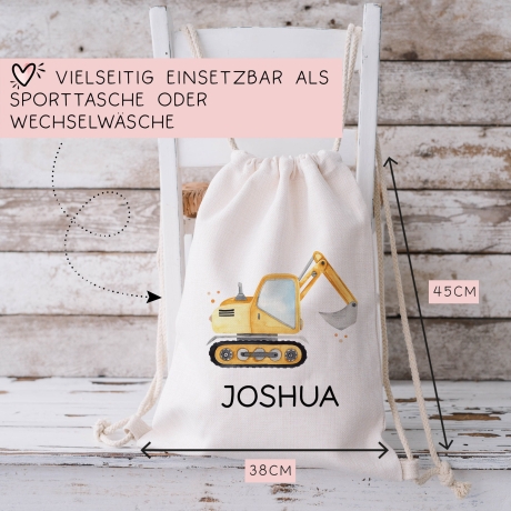 Stofftasche Bagger Baustelle Personalisiert mit Namen. Für Schule und Kindergarten als Wäschebeutel Wechselwäsche für Mädchen & Junge