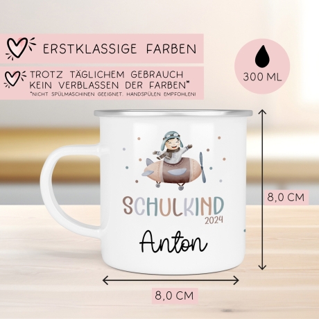 Schulanfang  Kindertasse Schulkind Flugzeug Name Emaille Tasse Kind Kindergeschirr personalisiert Kinder Geschenk Geburtstagsgeschenk