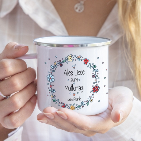 Personalisierter Emaille-Becher/Tasse: Alles Liebe zum Muttertag mit [Wunschname] .Ein Geschenk für Geburtstag oder Dankeschön. Blumen