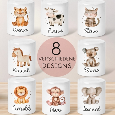 Personalisierte Kinder Spardose Tiere mit Namen optional mit Datum Geschenk für Junge & Mädchen zum Geburtstag Weihnachten, Löwe, Pferd