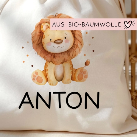 Personalisierter Turnbeutel Löwe Wunschnamen | Tierkinder | Rucksack für Schule, Kindergarten, KITA und KIGA Wäschebeutel