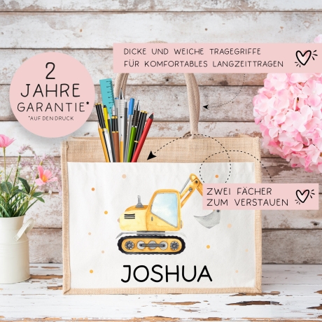Schaufelbagger Pocket Tasche Wunschnamen | 100% Jute | Bagger Baustelle | Geschenk Einschulung | Schultüte personalisiert oder Weihnachten