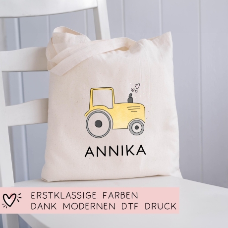 Baumwolltasche Traktor Gelb Stofftasche Name - Kinder Beutel Jutetasche Kindertasche & Wunschname - Wechselwäsche - Tragetasche Jutebeutel