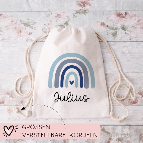 Kinder-Beutel mit Namen Personalisierter Turnbeutel | Regenbogen-Design. Rucksack für als Sportbeutel für Schule, Kindergarten Wechselwäsche