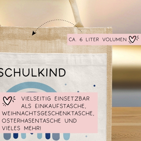 Einschulung - Personalisierte Jute Pocket Tasche | mit Wunschnamen | Schulkind Regenbogen Herz | Blau | als Geschenktasche für Schulanfang