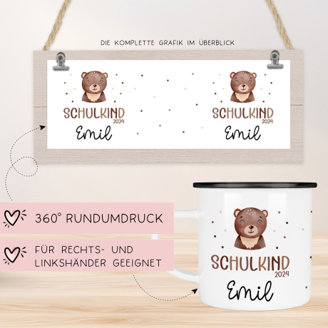 Schulanfang Schulkind 2024 Emaille-Tasse - personalisierte Kindertasse mit Namen und Bär-Motiv - perfektes Einschulungsgeschenk