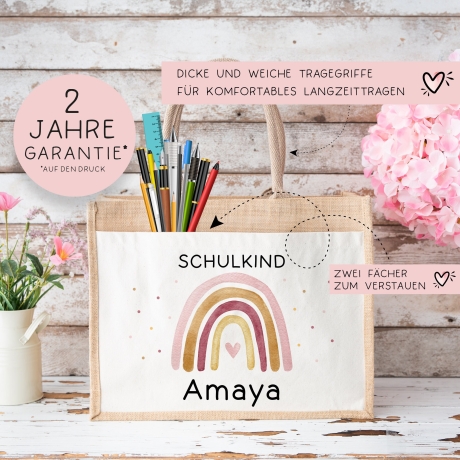 Personalisierte Einschulung Jute Pocket Tasche | mit Wunschnamen | Schulkind Regenbogen Herz als Geschenktasche für Schulanfang - 1 Schultag