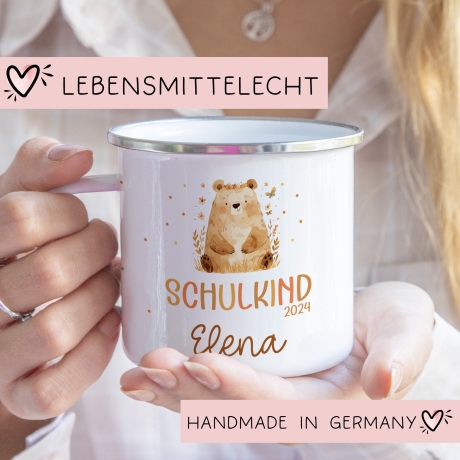 Schulanfang Kindertasse Schulkind Name Emaille Tasse Kind Kindergeschirr personalisiert Kinder Hubschrauber LKW Rakete Regenbogen Bär Ufo
