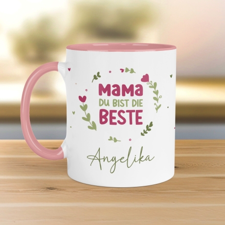 Personalisierte Muttertag Kaffee Tasse Mama du bist die Beste [Wunschname] – Geschenk für Geburtstag, Dankeschön und Weihnachten - Rosa