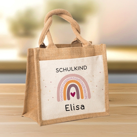 Schulkind Regenbogen Einschulung Tasche | Jute Pocket |Personalisiert mit Wunschnamen | Herz als Geschenktasche für Schulanfang - 1 Schultag