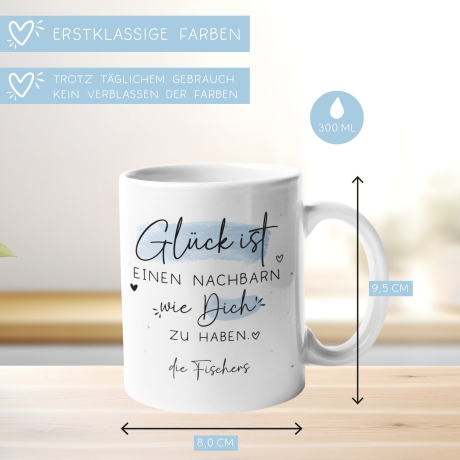 Personalisierte Tasse mit dem Spruch Glück ist, einen Nachbarn wie dich zu haben. Als Geschenk für Geburtstage, Ostern oder Weihnachten