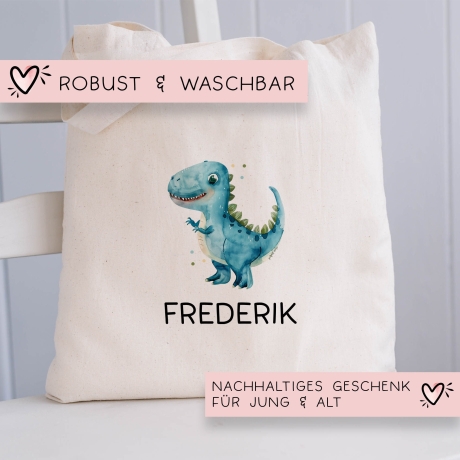 Stoffbeutel Dinosaurier Dino Stofftasche Tyrannosaurus Rex Tasche personalisiert Kinder-Beutel als Sporttasche, Wechselwäsche, Kita & Schule