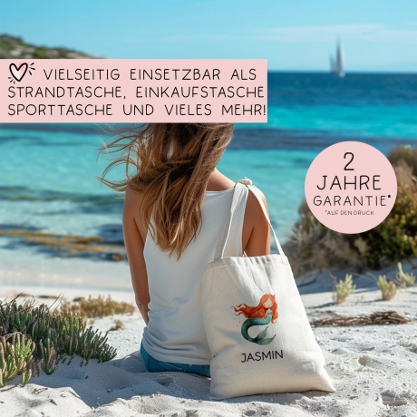 Meerjungfrau Stofftasche Personalisiert mit Wunschnamen Kinder-Beutel für Schule, Kindergarten,  Wäschebeutel, Sportbeutel, Wechselwäsche