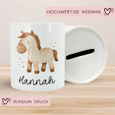 Personalisierte Kinder Spardose Pferd Tier mit Namen optional mit Datum - Braun - Geschenk für Junge & Mädchen zum Geburtstag Weihnachten