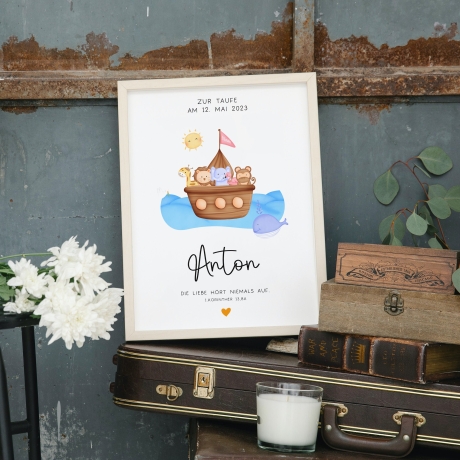 Personalisiertes Poster zur Taufe mit eigenen Namen und Taufspruch Arche Noah | Taufposter| Geschenk zur Taufe | Geschenk für Patenkind