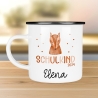 Schulanfang  Kindertasse Schulkind - personalisiertes Emaille- Einschulung mit Namen, Fuchs, Bär, Flugzeug, Fee Ballerina Bagger