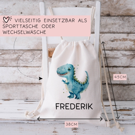 Stoffbeutel Dinosaurier Dino Stofftasche Tyrannosaurus Rex Tasche personalisiert Kinder-Beutel als Sporttasche, Wechselwäsche, Kita & Schule