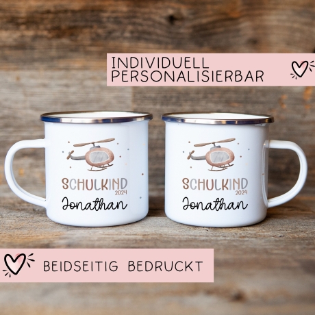 Hubschrauber Kindertasse Schulkind Name Emaille Tasse Kind Kindergeschirr personalisiert Kinder Geschenk Schulanfang Geburtstagsgeschenk