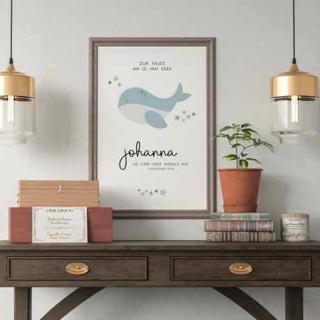 Personalisiertes Poster zur Taufe mit eigenen Namen und Taufspruch mit einem Wal | Taufposter| Geschenk zur Taufe | Geschenk für Patenkind