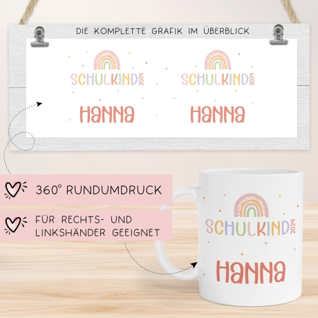 Regenbogen Kindertasse Schulkind 2024 Name Kakao Tasse Kind Kindergeschirr personalisiert Kinder Geschenk Geburtstagsgeschenk