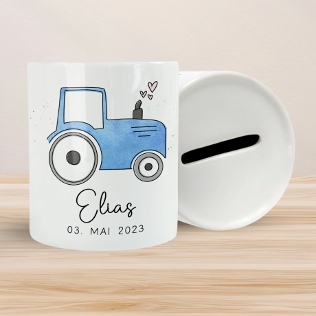 Traktor Blau Personalisiert Spardose Trecker mit Wunschname - Sparschwein -Geschenk-Geburtstag-Weihnachten-Geldgeschenk mit Wunschtext