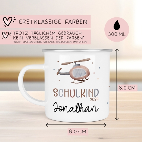 Hubschrauber Kindertasse Schulkind Name Emaille Tasse Kind Kindergeschirr personalisiert Kinder Geschenk Schulanfang Geburtstagsgeschenk