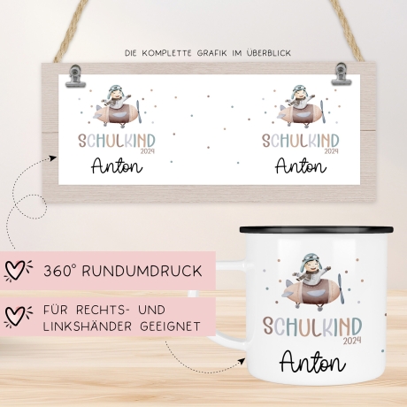 Schulanfang  Kindertasse Schulkind mit Flugzeug-Motiv - personalisierte Emaille-Tasse mit Namen - ideales Kindergeschirr