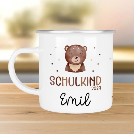 Schulanfang Schulkind 2024 Emaille-Tasse, personalisierte Kindertasse mit Namen, Einschulungsgeschenk Bär