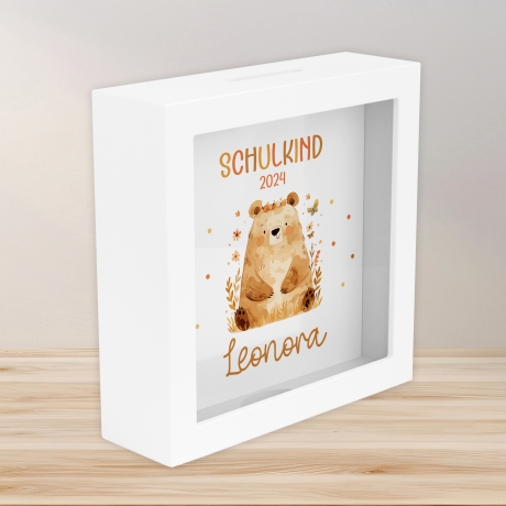 Spardose zur Einschulung Bär Schulkind 2024 mit Wunschname Name Kind personalisiert Kinder Geburtstagsgeschenk mit Wunschtext