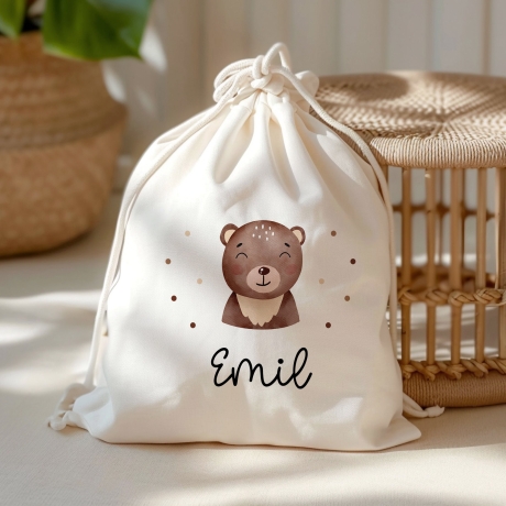 Turnbeutel Rucksack mit Namen und einem Bär -GymBag als Wäschebeutel, Sportbeutel Kinderbeutel für Schule, Kindergarten, Kita.Personalisiert