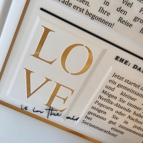 Personalisierte 3D Zeitung zur Hochzeit – besonderes Geldgeschenk auf Acrylscheibe (ohne Rahmen)