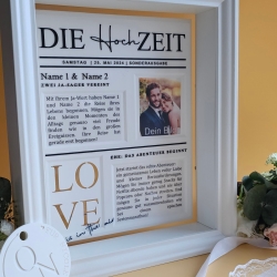 Personalisierte 3D Zeitung zur Hochzeit – besonderes Geldgeschenk auf Acrylscheibe (ohne Rahmen)